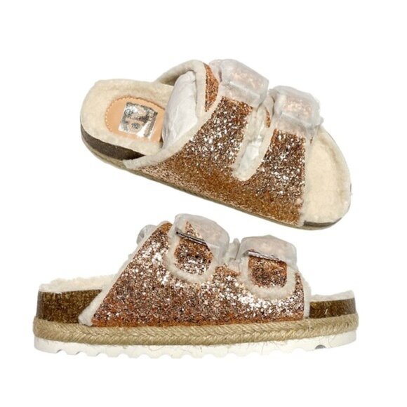 DV BY DOLCE VITA Kids Carlina Rose Gold Glitter Fur-Lined Espadrille Sandals NEW - Picture 1 of 8